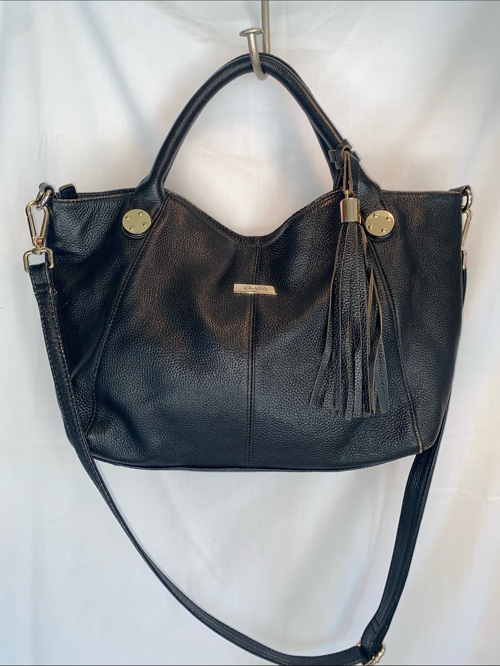 Onna Ehrlich Stacey Classic Black Pebbled Leather Tote Satchel with Tassel
